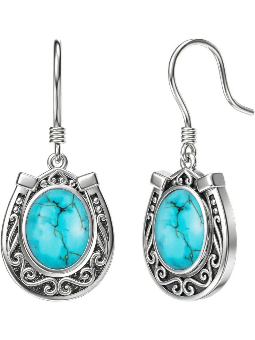 Turquoise Horseshoe Drop Dangle Earrings - Boho 925 Sterling Silver Jewelry Gift